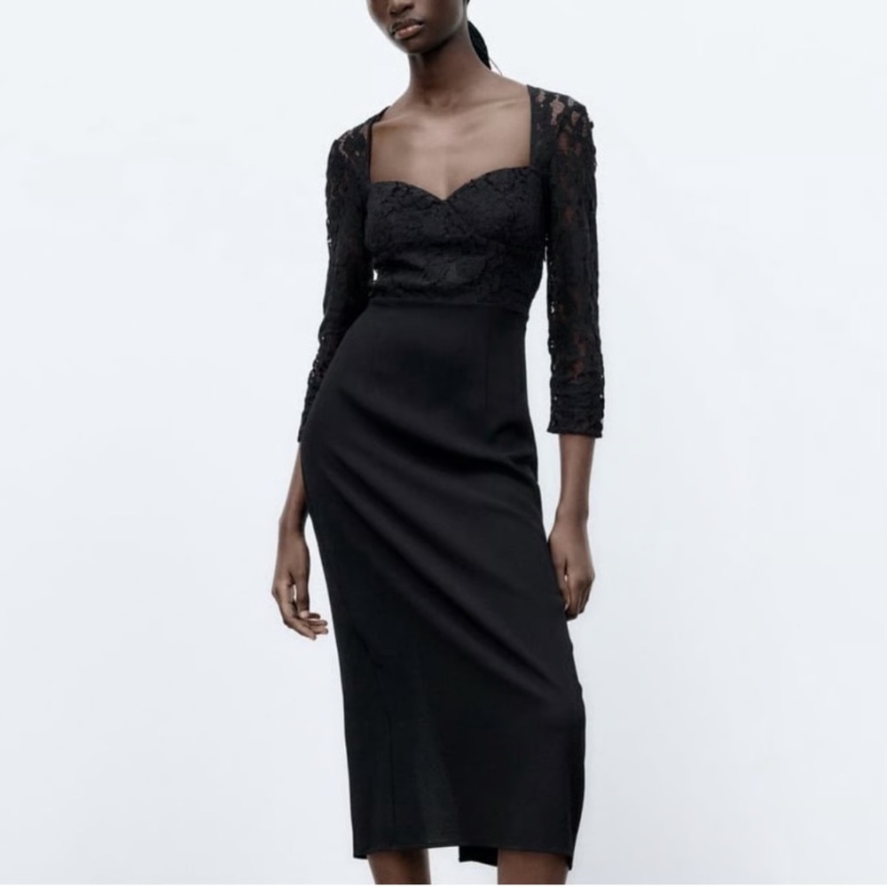 Zara Elegant Black Long Sleeve Evening Dress Lace Bodice and Sleeves Size XS